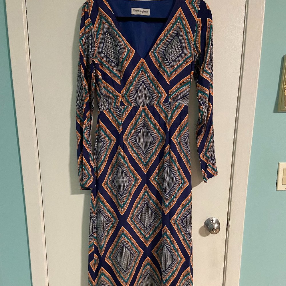 Floor Length Long Sleeve Printed Maxi Dress (S)